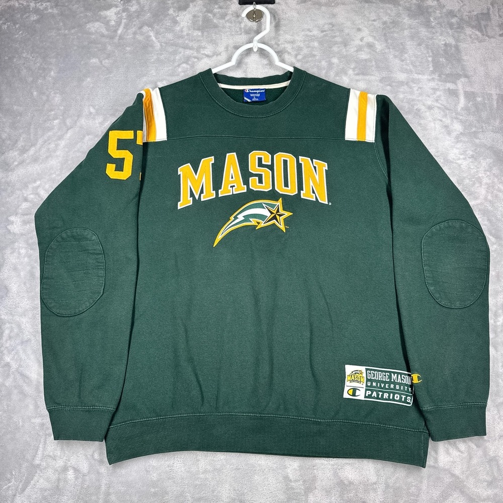 CHAMPION George Mason University Patriots Sweatshirt Mens L Green Elbow Patches